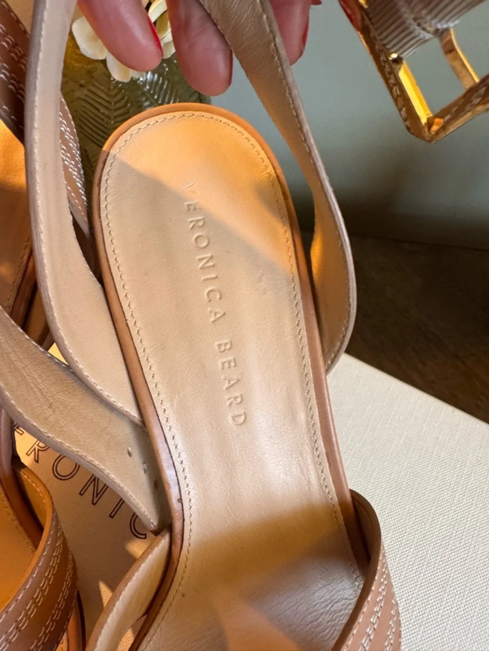 Veronica Beard Tan Leather Block-Heel Sandals with Gold Buckle - Picture 7 of 11